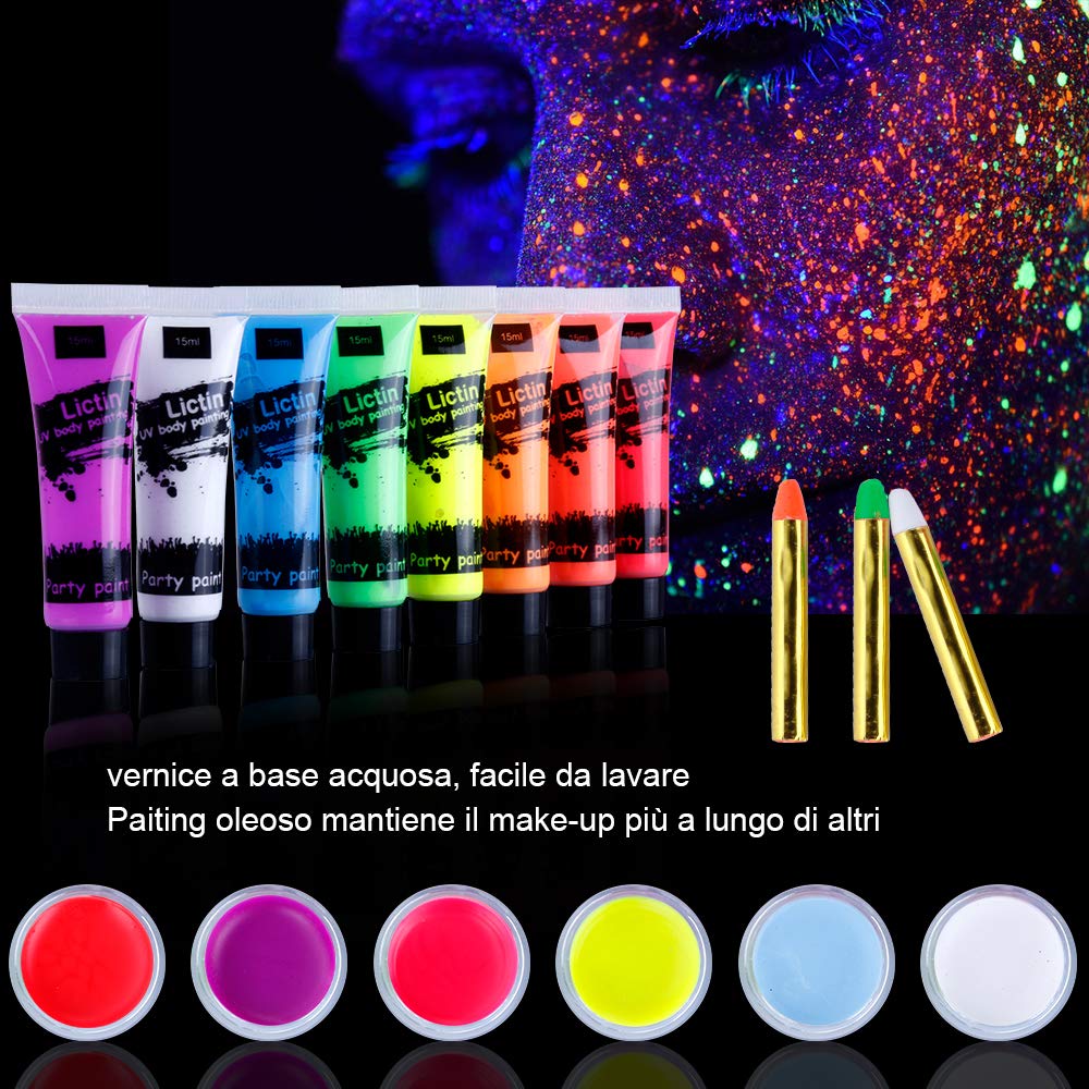 Lictin Vernice Fluorescente Colorato,Neon Kit per Pelle Viso Corpo,Flu –