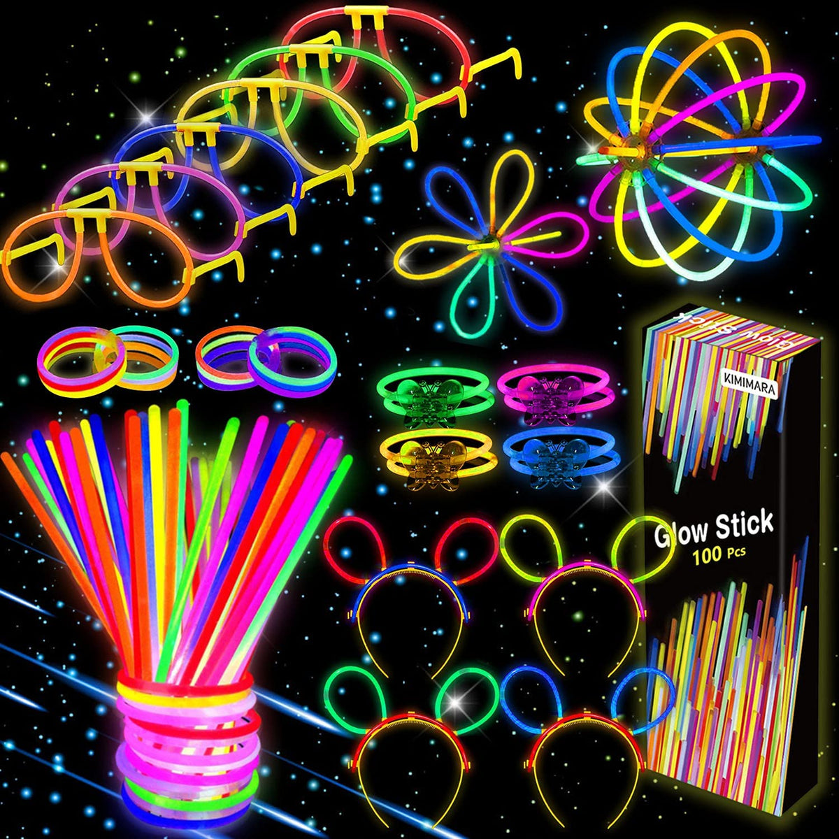 Kimimara Braccialetti Luminosi, Starlight Fluorescenti,100 Glowsticks –