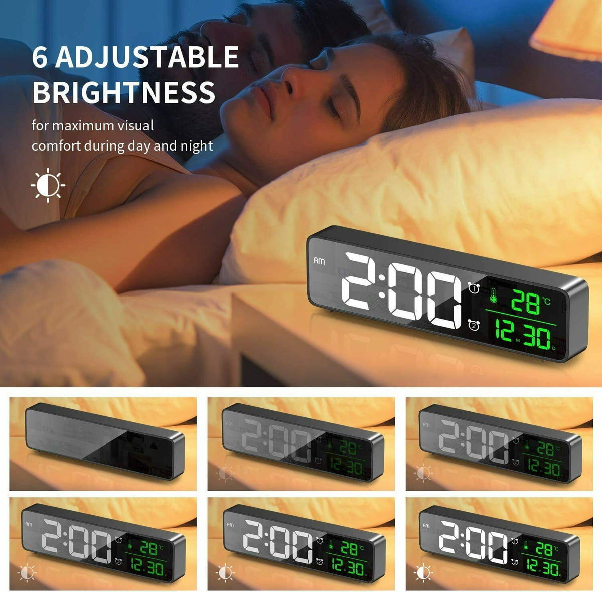 Sveglia da comodino con ampio display LED, Data temperatura, 40 suoner –
