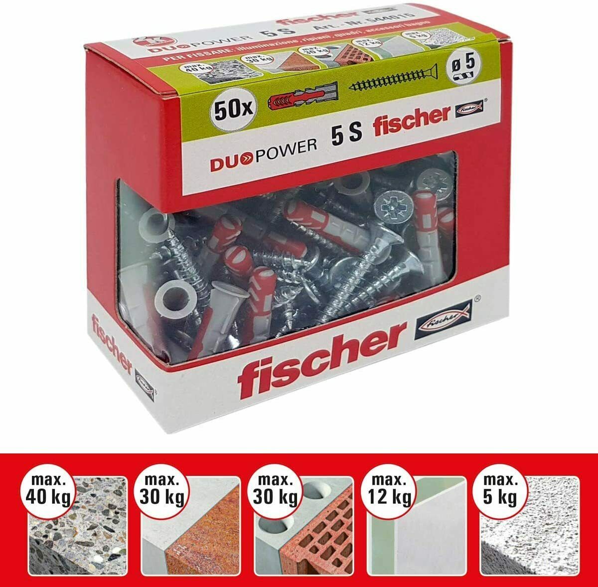 50 x Tasselli da 5 x 25 mm per muro pieno mattone forato Fischer Duopo –