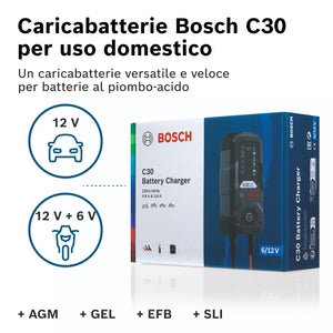 Bosch C30 Caricabatterie per Auto, 6 V - 12 V / 3,8 A, con Carica di Mantenimento - per Batterie al Piombo-Acido, EFB, GEL, AGM e SLI da 6 V/12 V