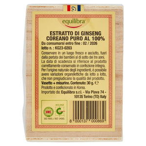 Equilibra Alimenti, Ginseng Coreano Puro 100%, A Base Di Radice Di Ginseng Bianco, Coltivato Nelle Terre D'Origine, Estratto Lavorato A Freddo, Barattolo 30 G