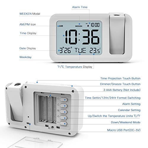 TedGem Sveglia Digitale, Sveglia con Proiettore Sveglia Digitale da  Comodin, 3,8 LCD Number Clock 4 Luminosità, 9 Min Snooze, 2 Suoni Allarme,  per Camera da Letto, Ufficio, Cucina (Bianco) : : Casa e cucina