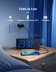 Radiosveglia con Proiettore 180°, Dimmer 0-100%, Radio 30 FM con Timer –