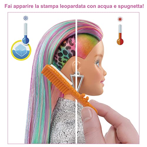 Barbie - ​Bambola Capelli Multicolor con Funzione Cambia Colore, Include  Cerchietto e Borsa a Forma di Gatto e Accessori a Tema Leopardo, Giocattolo