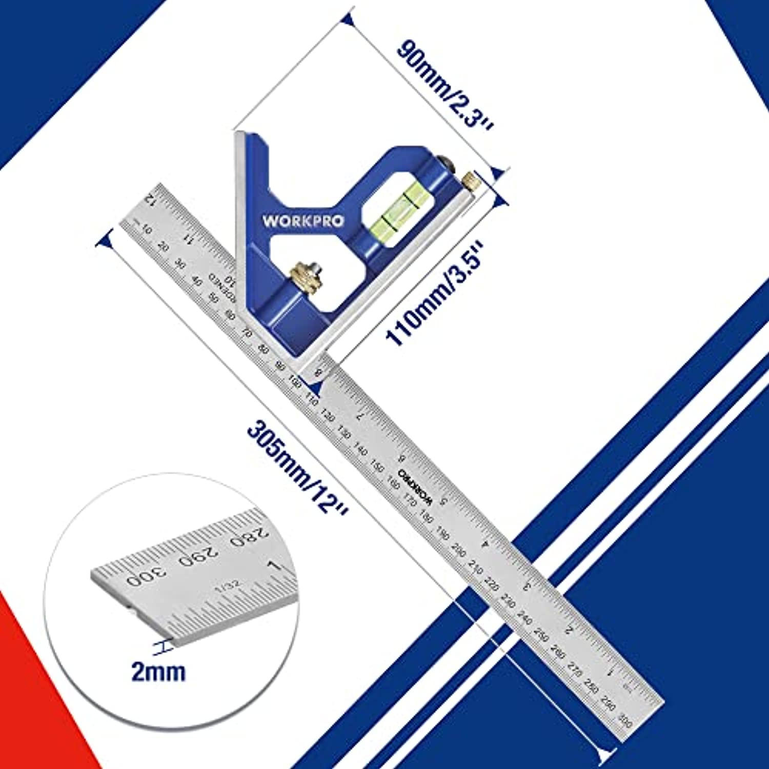 Righello angolare combinato, squadra combinata in acciaio inossidabile da  300 mm, squadra combinata con livella e