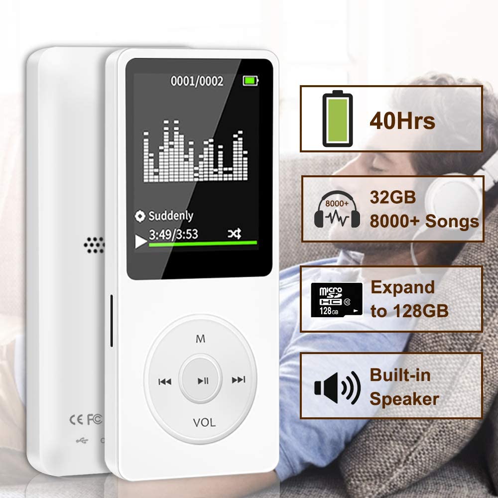 Lettore MP3 32GB con altoparlante Auricolare Mini lettore musicale bianco  portatile Supporto registratore vocale E-book, bianco