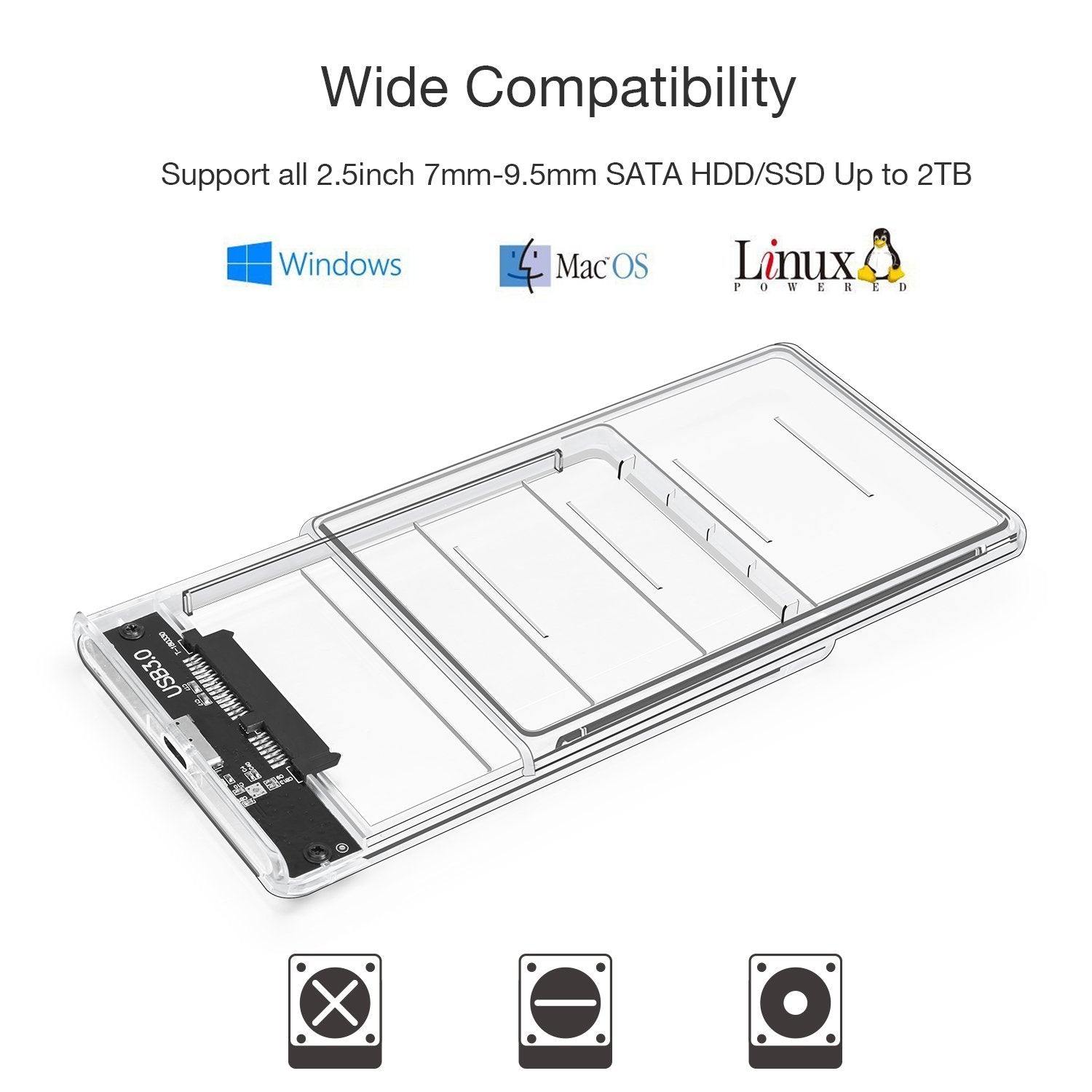 Case HDD 2.5 SATA USB 3.0, ORICO Trasparente Case Hard Disk 2.5 SATA I II  III per 7mm e 9,5 mm HDD/SSD, Supporto UASP, Tool Free Case SSD Con cavo USB(2139U3)  