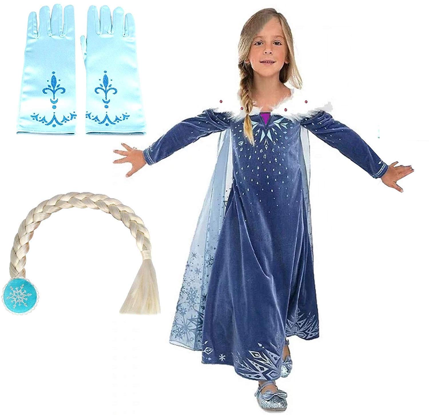 Costume da Elsa per bambina - Con guanti e treccia Taglia 120 - 3-4 an –