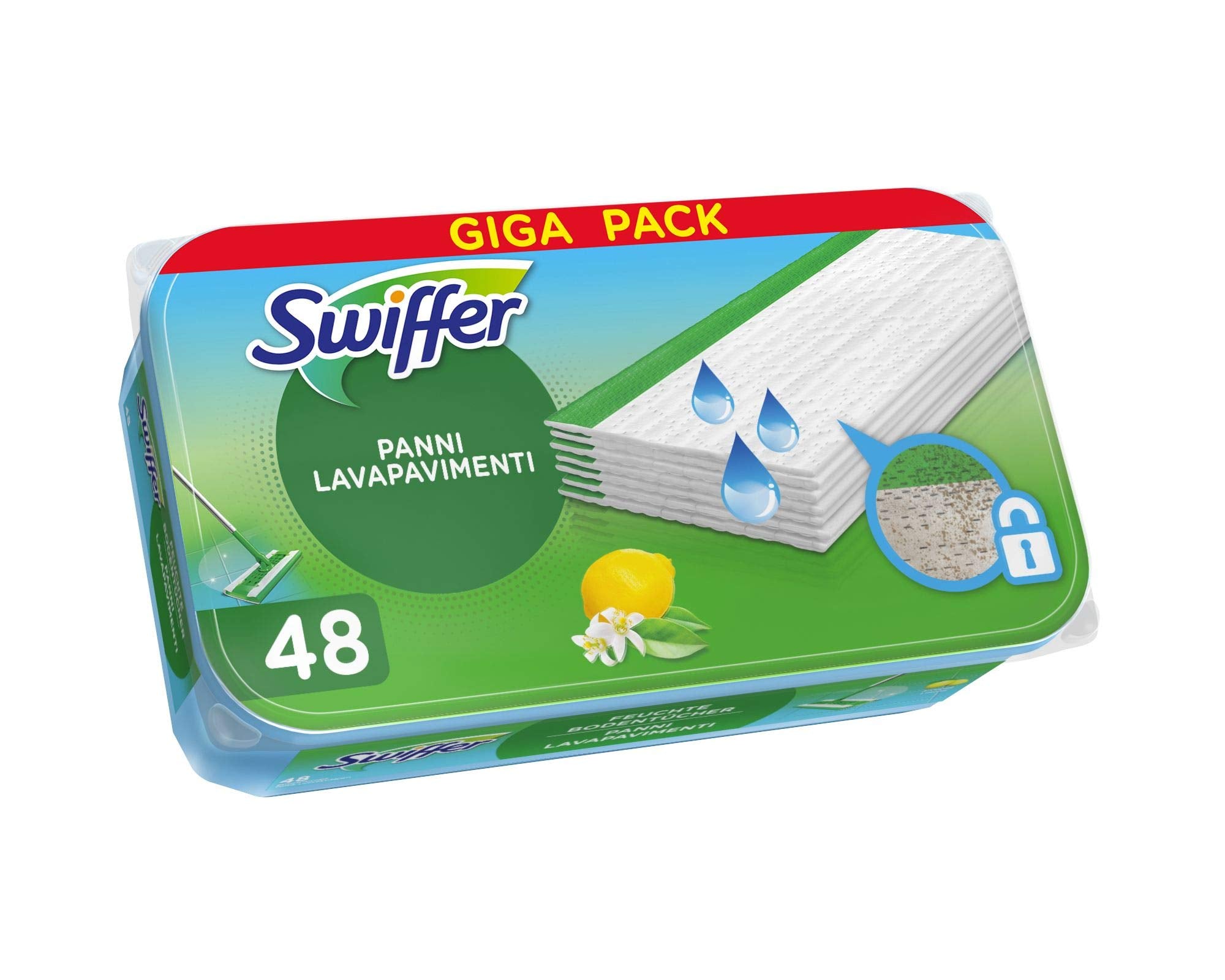 Swiffer Lavapavimenti Wet, 48 Panni Umidi, Limone, Maxi Formato, Puliz –