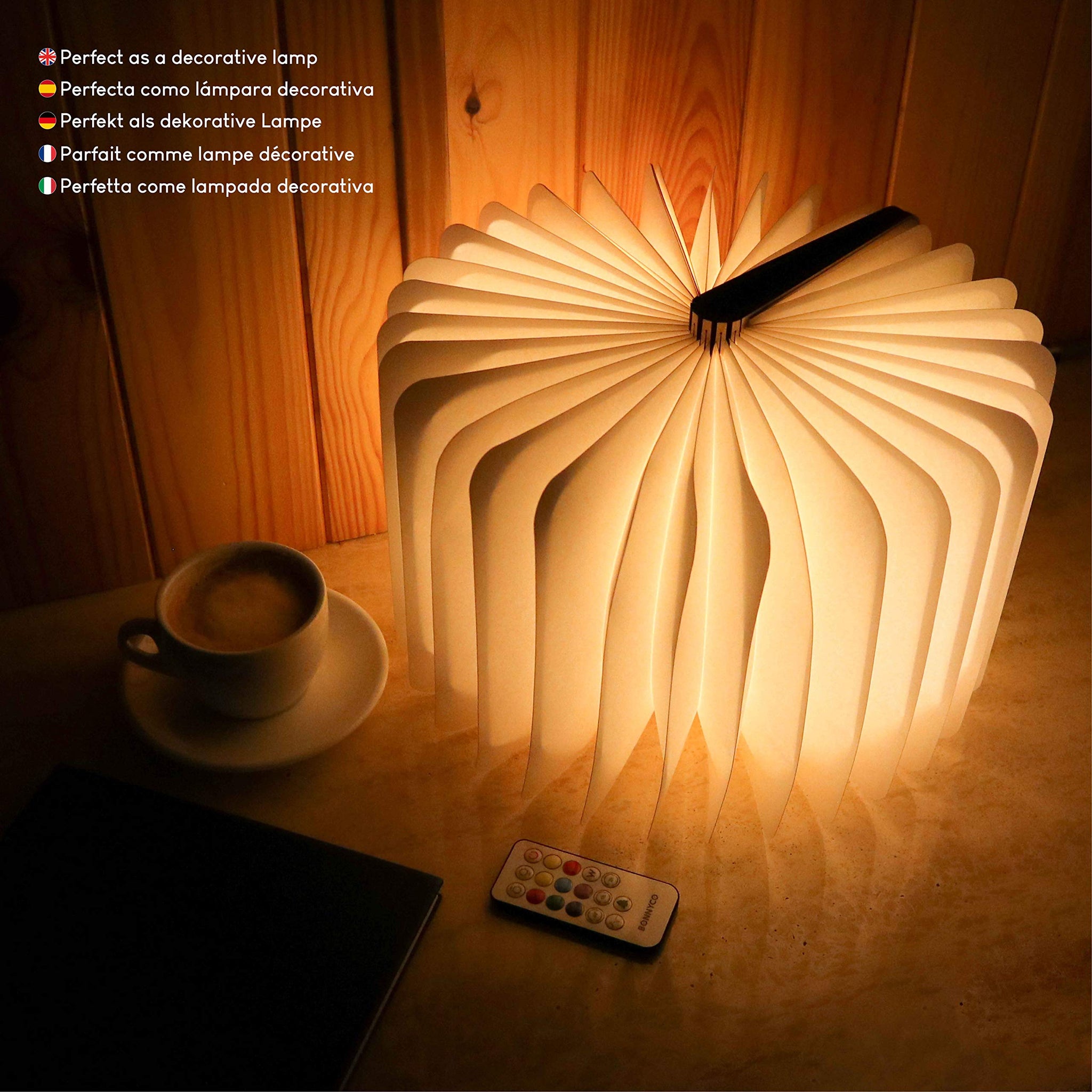 Lampada Libro Led Pieghevole in Legno con Telecomando 12 Colori e Time –