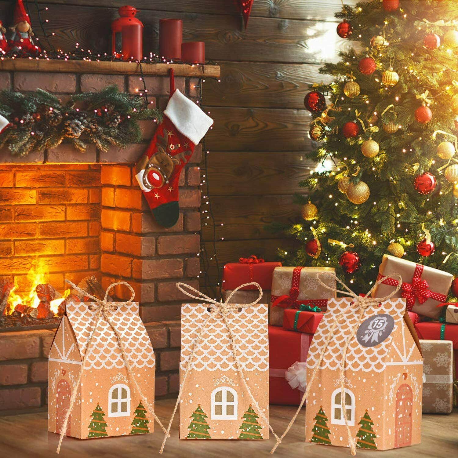 24 x Scatole a forma di casetta, Confezioni regalo per Natale + Adesiv –
