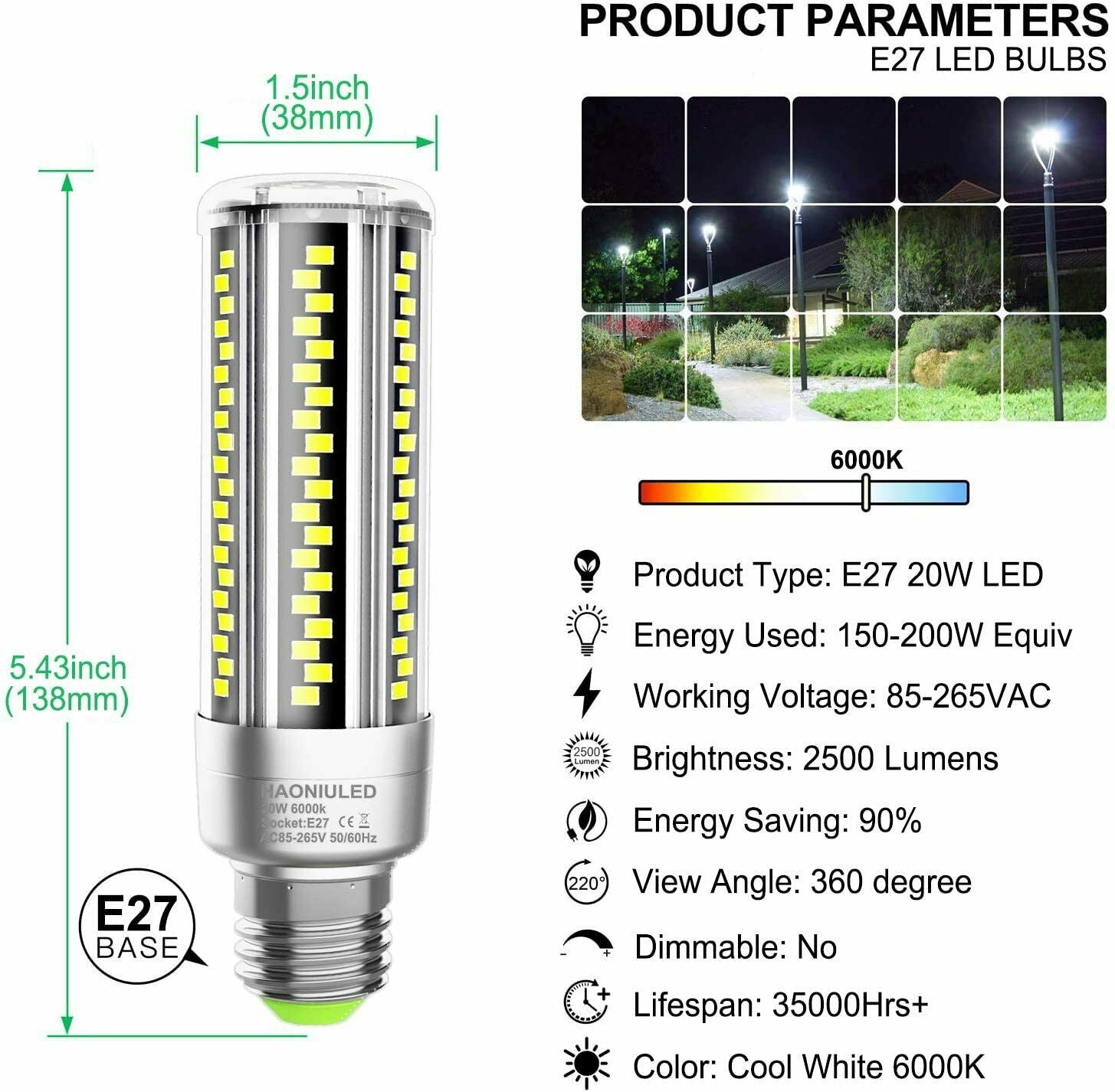 2 x Lampadine domestiche LED con attacco E27 20W 2500 LM 6000 K, Luce –