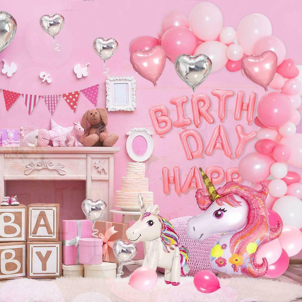Palloncini per decorazione di compleanno bambina, Tema unicorno rosa c –